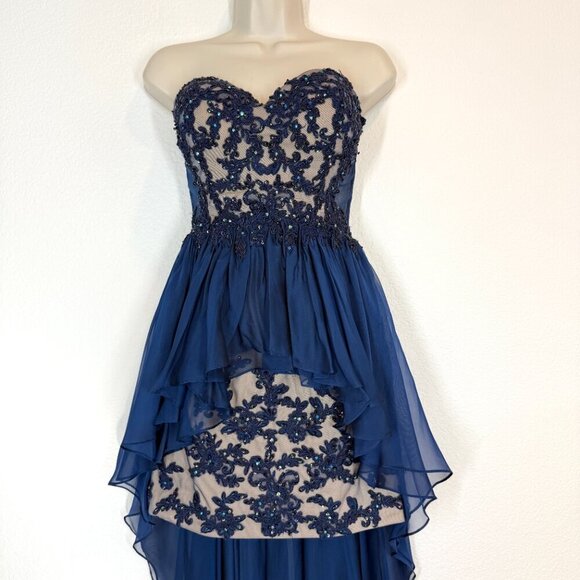La Femme Formal Gown Cocktail Dress Blue Lace Hi Low Mesh Y2K Back Strapless 6 - Picture 7 of 15